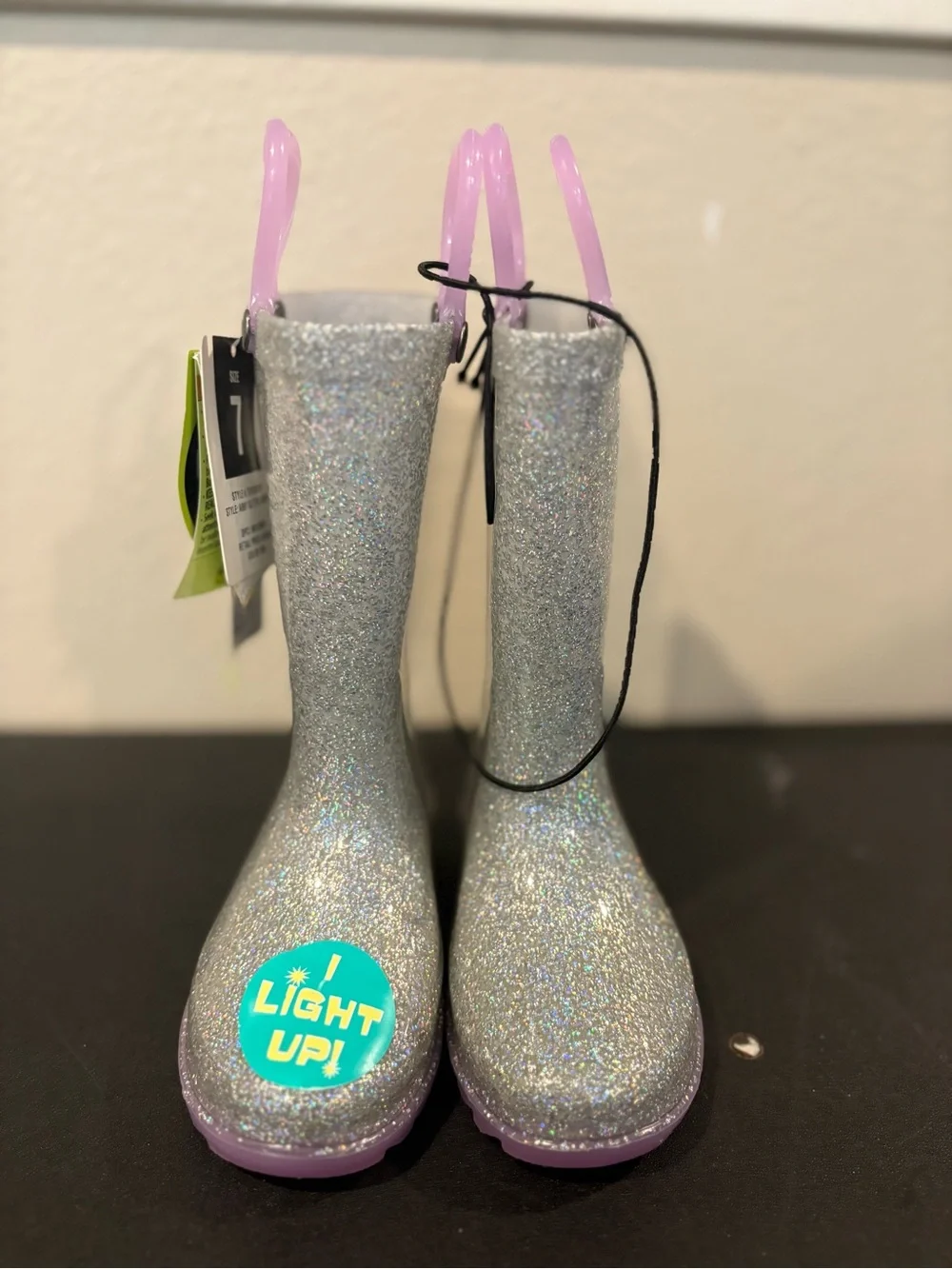 Western Chief Abby Silver Glitter & Purple Light Up Rain Boots Toddler Sz 7